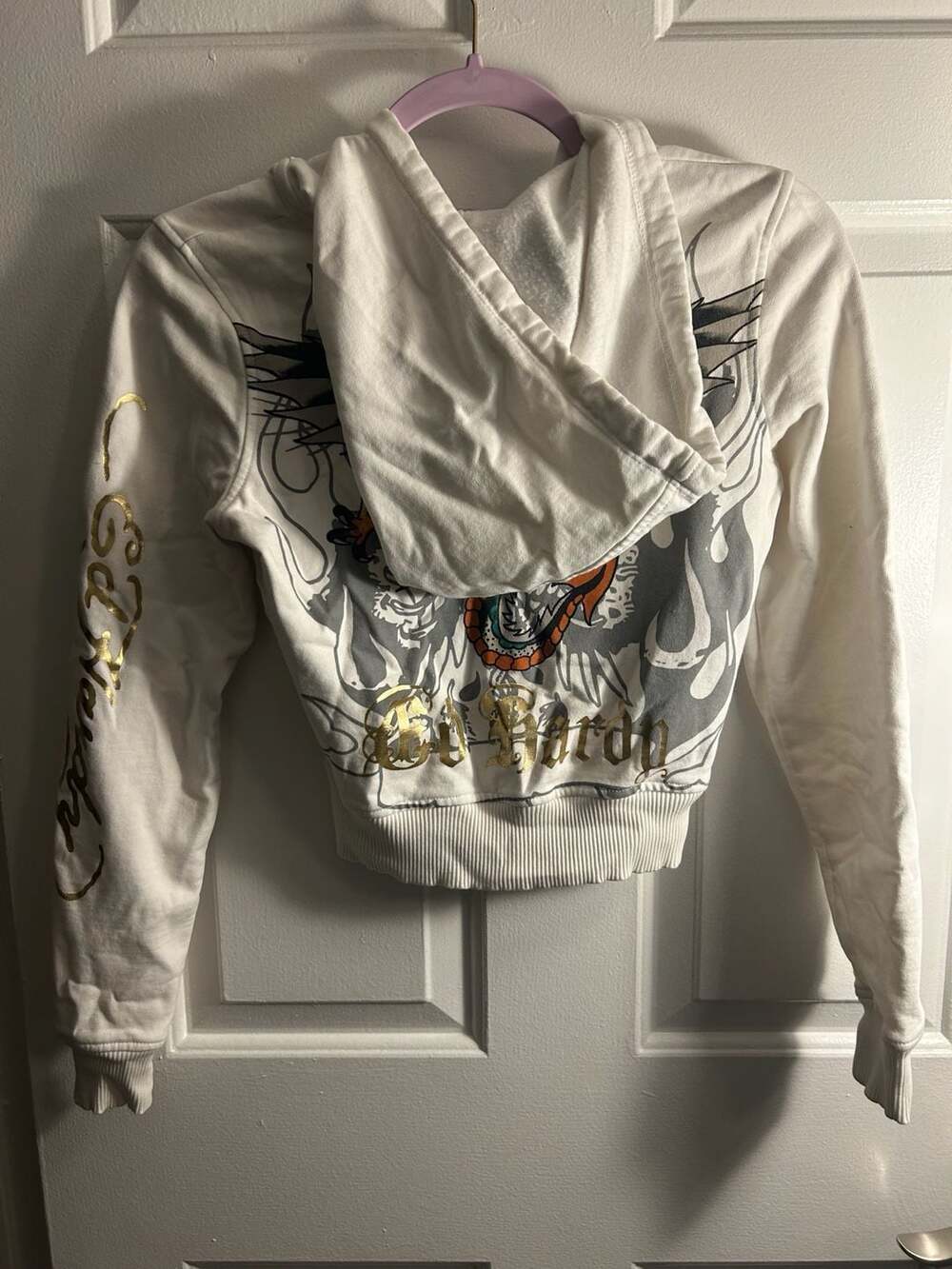 Ed Hardy Women's White Zip-Up Hoodie with Tiger and Dragon Graphic - Picture 5 of 6